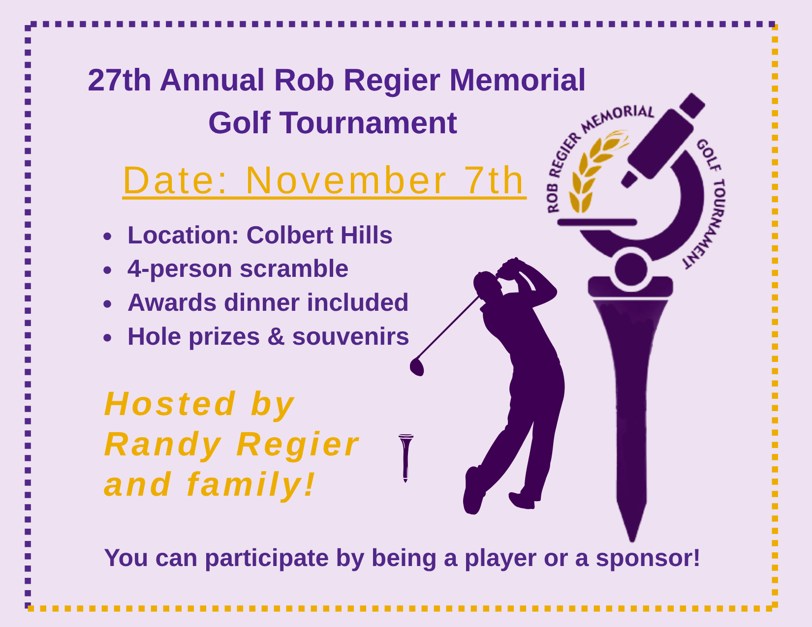 Save date (Nov 7) for tournament. Icon of a person golfing.