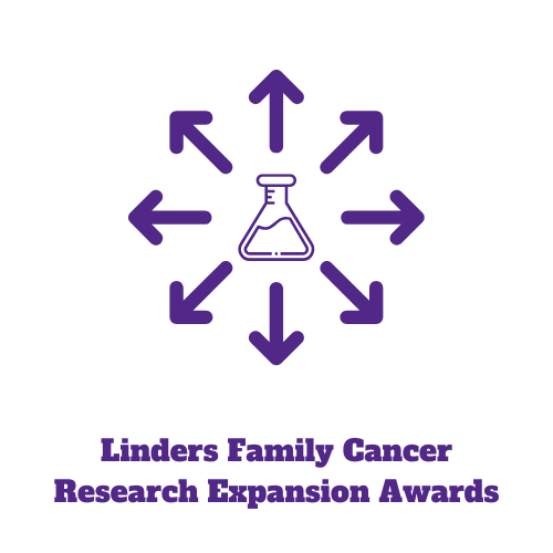 outline of a beaker with arrows pointing outwards and the words "Linders Family Cancer Research Expansion Awards"