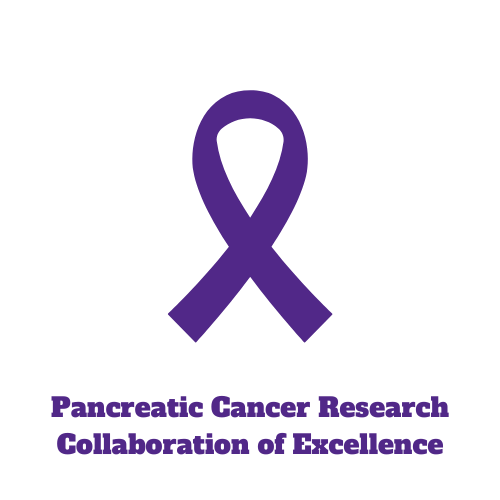 cancer ribbon with the words "pancreatic cancer research collaboration of excellence"