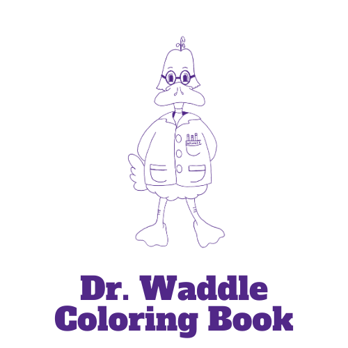 Dr. Waddle coloring book icon of a duck wearing a lab coat and glasses with pens in his pocket and the words "Dr. Waddle Coloring Book"