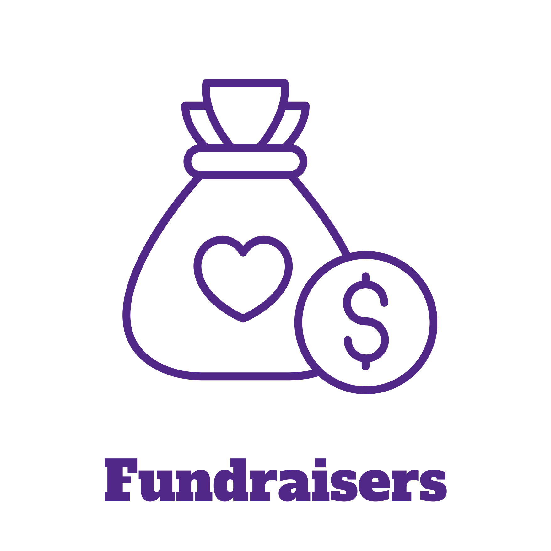 bag of money with a dollar sign on a coin and the word "fundraisers"