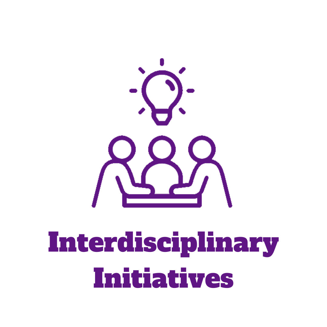 outline of a group of people with a lightbulb over their heads and the words "Interdisciplinary initiatives"