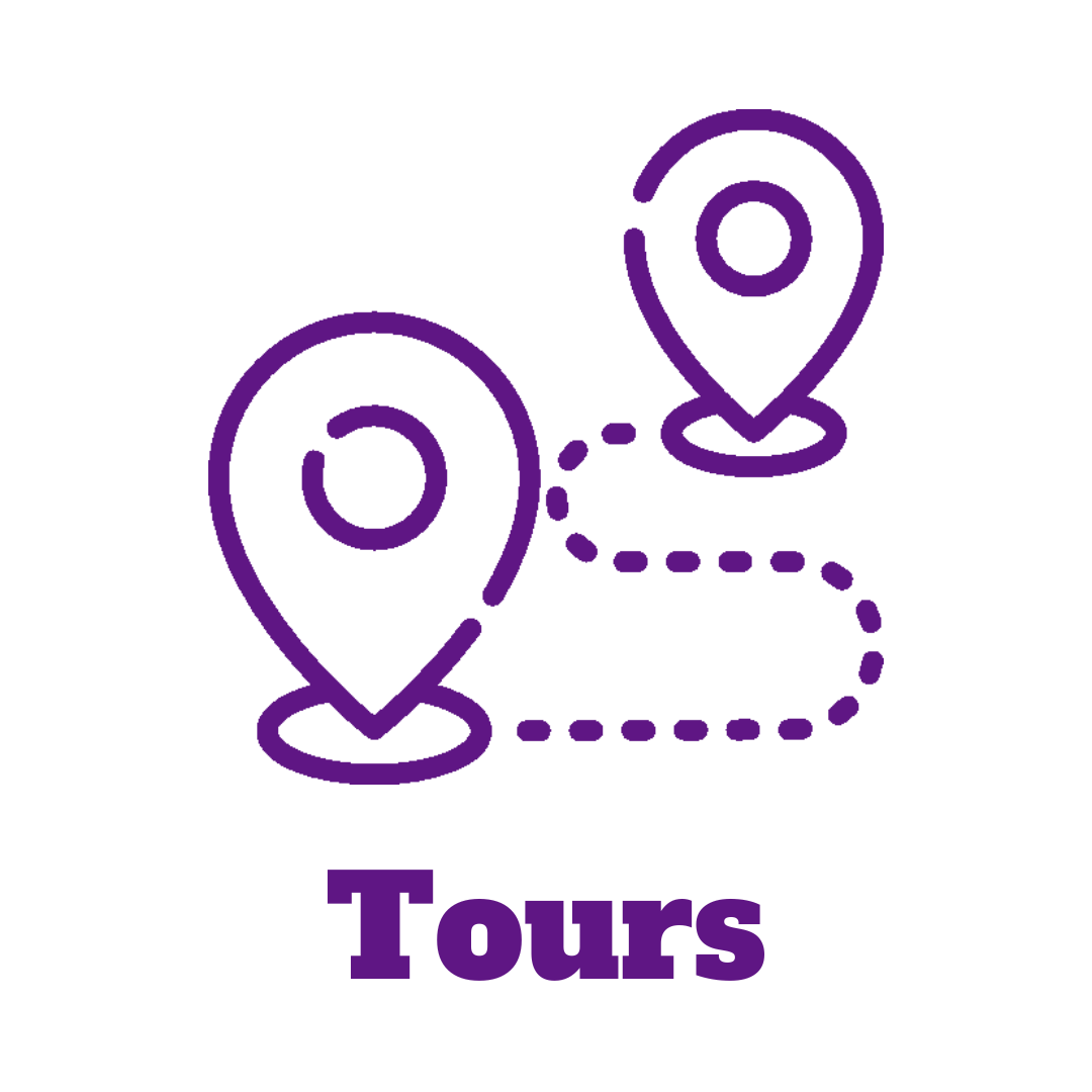 A minimalist line drawing of two location pins connected by a winding path with the words "Tours"